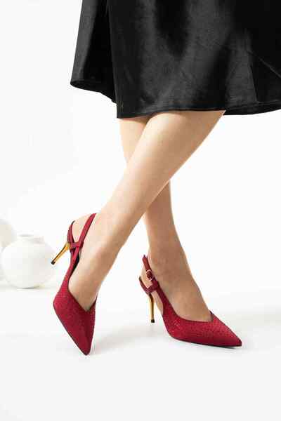 TubiBella Red Colored Satin Stiletto with Gold Metal Heel Detail and Stone Pattern