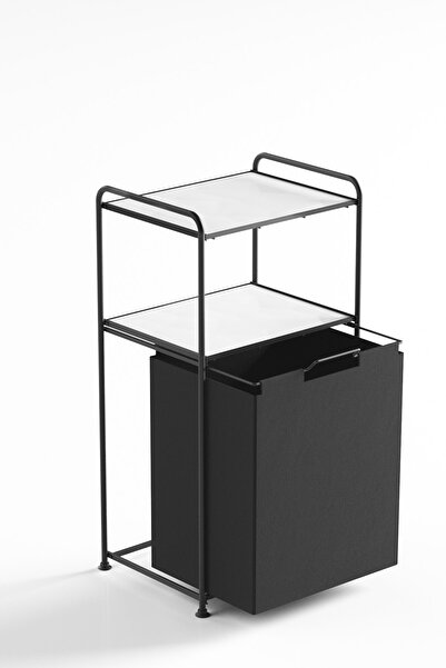 Teknotel 2 Katlı Çamaşır Sepeti Kirli Sepeti Beyaz Raflı Banyo Dolabı Düzenleyici Organizer MAT SİYAH MG100