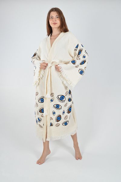 REİNA TEKS Kimono Kaftan Cotton Printed Belted 1 Piece Unisex Muslin Fabric Peshtemal Bathrobe