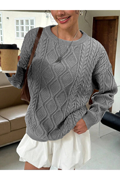 AQE FASHION Women's Comfortable Fit Hair Knitted Patterned Crew Neck Casual Winter Light Gray Knitwear Sweater