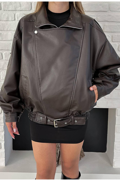 NET OF NOT New Season Oversize Bitter Brown Belted Leather Jacket
