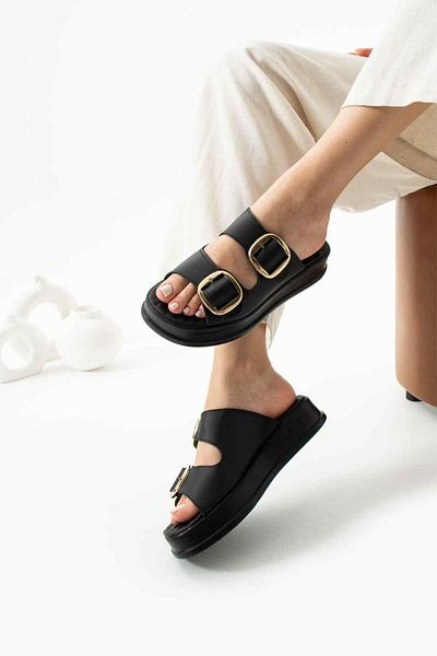 TubiBella Black Colored Orthopedic Sole Slippers with Buckle Detail