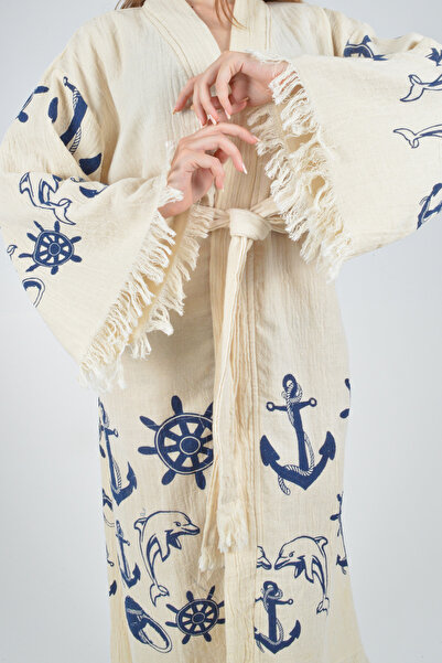 REİNA TEKS Кімоно-кафтан з бавовняним принтом і поясом, 1 шт., унісекс, муслінова тканина, пештемаль, халат