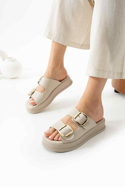 TubiBella Beige Colored Orthopedic Sole Slippers with Buckle Detail