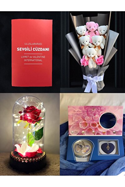 Linalux Gifts Sevgiliye Hediyeler - Ayıcık Buketi - Sevgili Cüzdanı - Güllü Fanus - İstiridye İçinde İnci Kolye