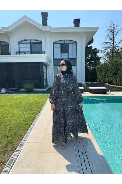 Çicekli Yazlık Elbise Siyah