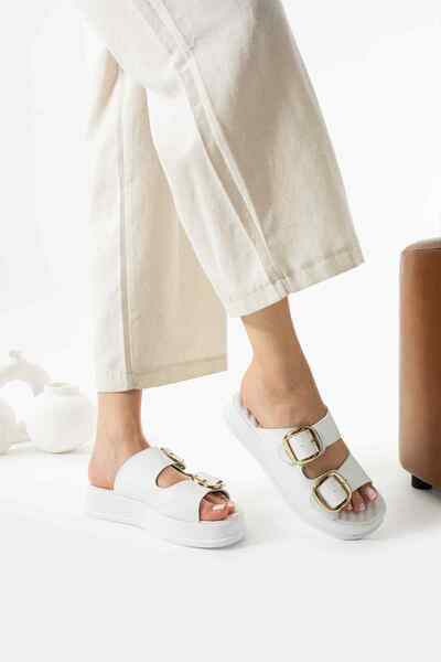 TubiBella White Colored Orthopedic Sole Slippers with Buckle Detail