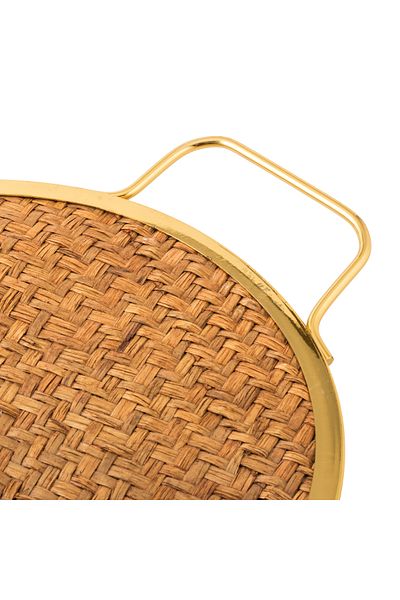 Dania Wooden tray with straw decor, metal frame and beautiful golden handles, 30 cm in size