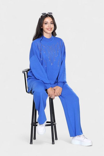 NEWCO Stylish Stone Embroidered Oversize Knitwear Tunic and Wide Leg Pants Combination Half Turtleneck Two-Piece Suit