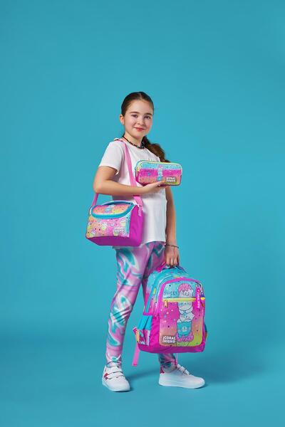 Coral High Pink Colored Ice Cream Cat Patterned 3-Piece School Bag Set Girls' Elementary School Bag