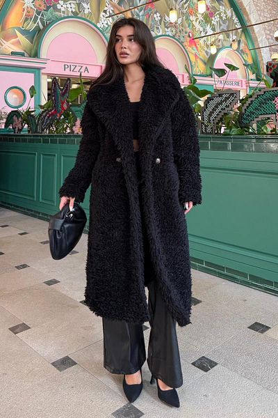 Madmext Black Buttoned Plush down Coat Mg2516