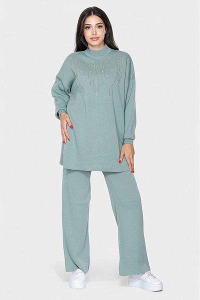 NEWCO Stylish Stone Embroidered Oversize Knitwear Tunic and Wide Leg Pants Combination Half Turtleneck Two-Piece Suit