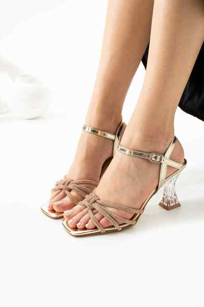 TubiBella Gold Colored Transparent Heeled Stiletto with Knot Detail and Stone Pattern