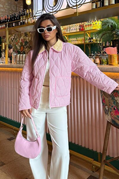 Madmext Růžový kostkovaný dámský kabát s kapsami Mg2488