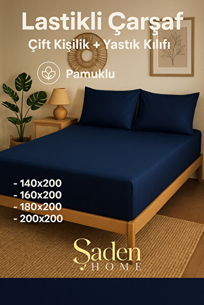 SADEN HOME Dark Blue Elastic Sheets + Pillow Cover Set Cotton Ranforce Fabric