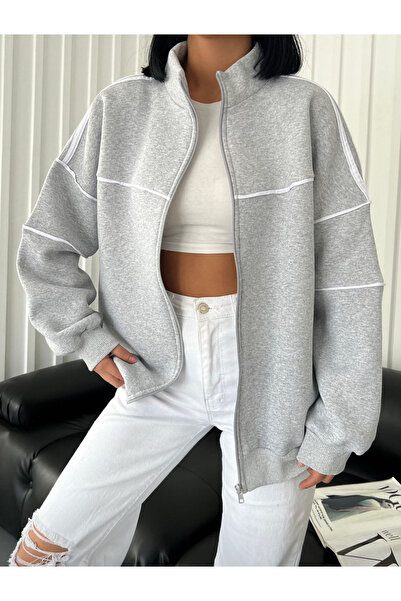 Bravebell Unisex Zip Detail Vintage Oversize Thick Fabric Gray Cardigan (3 Th...