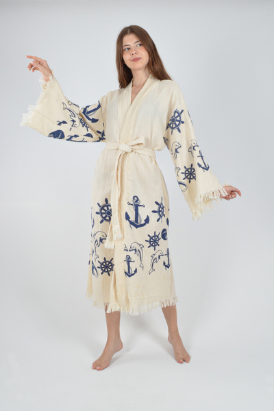 REİNA TEKS Kimono Kaftan Cotton Printed Belted 1 Piece Unisex Muslin Fabric Peshtemal Bathrobe