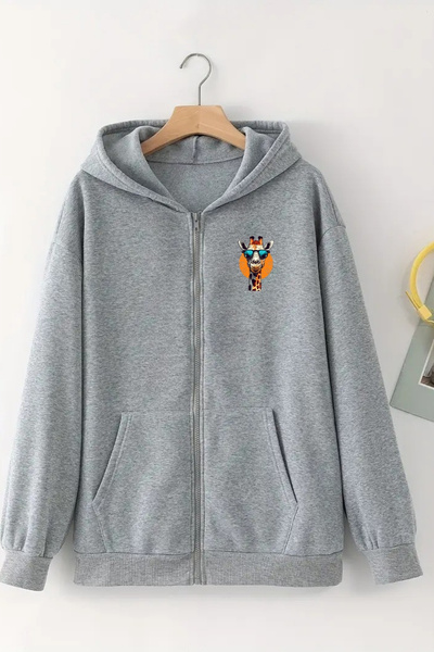 CLAYES Unisex Gray Hooded Zippered Cardigan – Giraffe Printed, Thick Fabric with Hood
