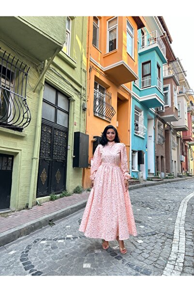 KÜÇÜĞÜM BUTİK Tesettür Somon Papatya Poplin Kloş Elbise