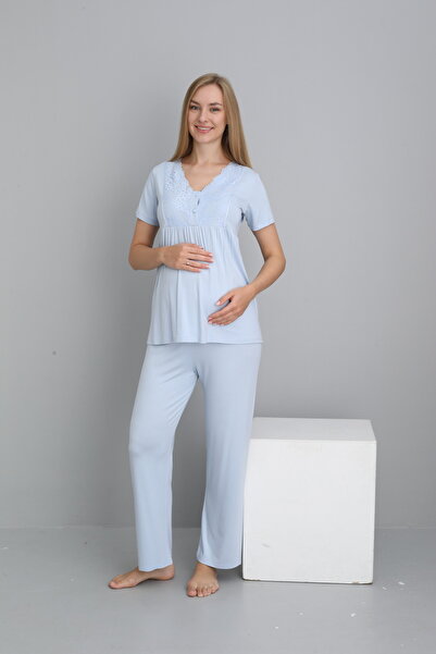 Miss Dünya Lissa Bebe Mavisi Dantel Detaylı Sabahlıklı Emzirmeye Uygun Hamile ve Lohusa Pijama Takımı