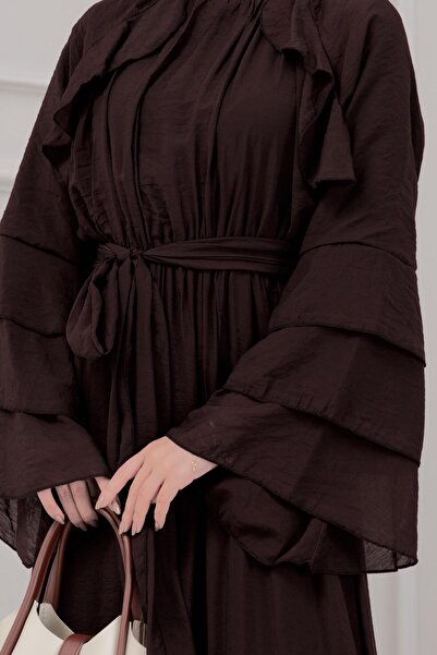 Sevitli Lora Dress with Ruffle Detail-Brown