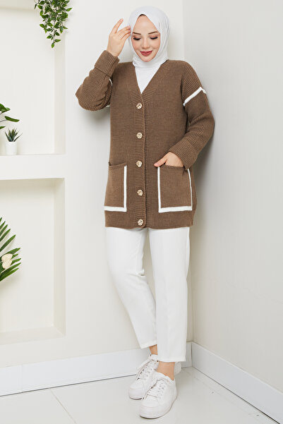 Pamuk Butik Γυναικεία ριγέ λεπτομερή τσέπη Σαλανίκα πλεκτή ζακέτα casual πλεκτό