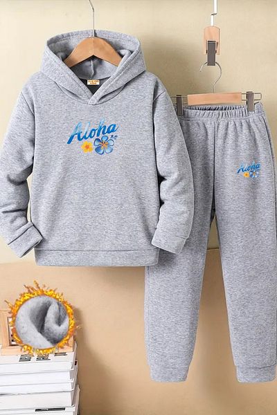 CLAYES Children's Gray Hooded Tracksuit Set Hooded Fabric Winter Set of Two - Aloha Blue Floral Printed