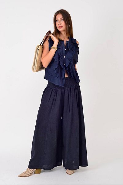 Park Moda E1047 Zaz Wide Elastic Wide Leg Linen Pants