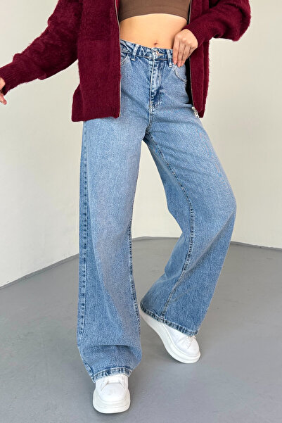 Cappmoda Jean-08134 Light Blue Wide Leg Stone Jean