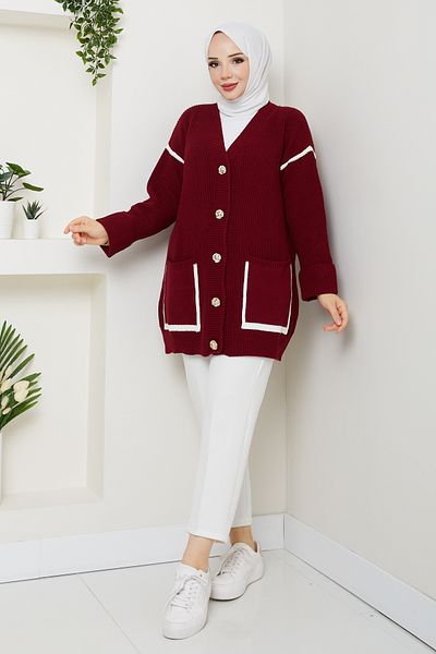 Pamuk Butik Women's Stripe Detailed Pocketed Thessaloniki Knitted Casual Sweater Cardigan