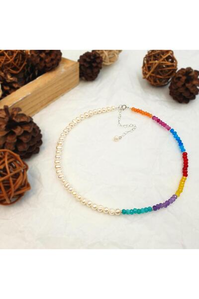 Abundo Colier "Colours of my heart" din perle de cultura si jad curcubeu cu accesorii din argint 925, 37cm
