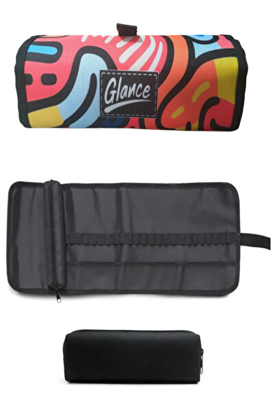 GLANCE Renkli Desen Rulo Bez Kalemlik 24 Bölmeli + Kalem Kutusu Dereceli Ve Boya Kalem Seti