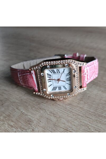 Skymag Ceas dama, cadran patrat cu pietricele, curea roz din piele ecologica