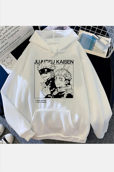 Harajuku Style Beyaz Jujutsu Kaisen Yuji Gojo Beyaz Kapşonlu