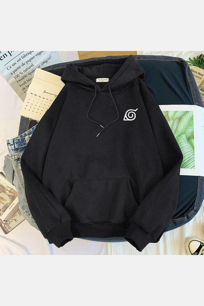 Harajuku Style هوديي أسود مع رمز ناروتو كونوها باللون الأسود