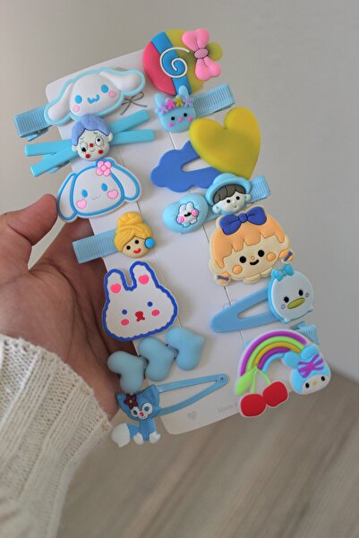 BATU GİYİM Mavi Çocuk Saç Tokası Seti – Cinnamoroll, Kalp, ve Hayvan Figürlü 14'lu Sevimli Kız Çocuk Tokası