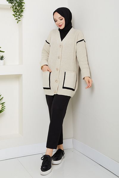 Pamuk Butik Women's Stripe Detailed Pocketed Thessaloniki Knitted Casual Sweater Cardigan
