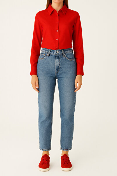 DELDNM Dina, albastru, talie înaltă, lycra, lavabilă, pantaloni casual Mom Je...