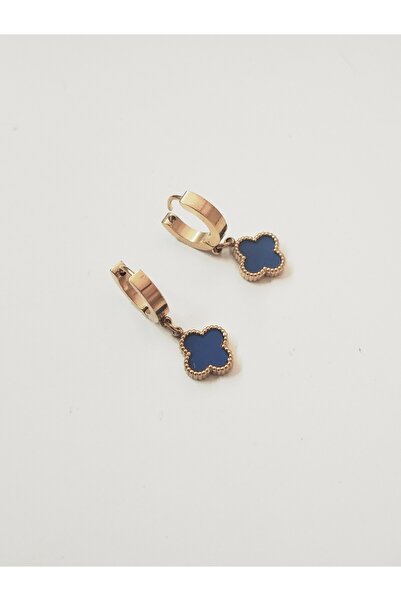EKE BUTİK Çelik Lacivert Yonca Altın Renk Küpe