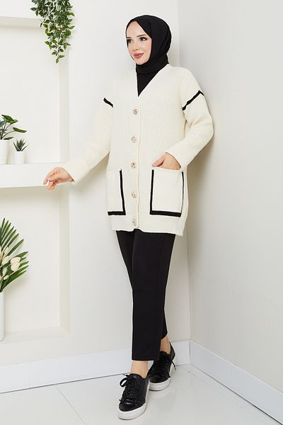 Pamuk Butik Women's Stripe Detailed Pocketed Thessaloniki Knitted Casual Sweater Cardigan