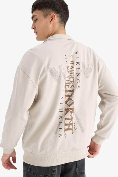 DeFacto Vikings Valhalla Boxy Fit Zipper Back Printed Stone Men's Sweatshirt E9298Ax/Bg766