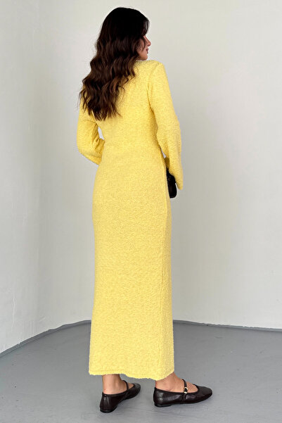 Cappmoda Elb-01832 Yellow Long Sleeve Textured Knitwear Dress