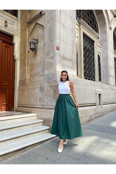 KÜÇÜĞÜM BUTİK Emerald Green Flared Poplin Skirt