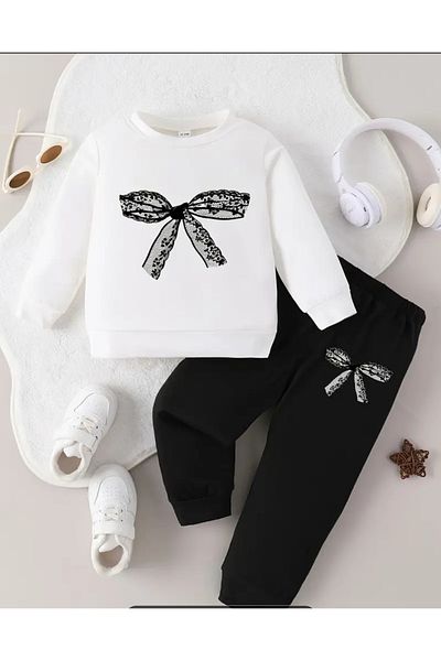 CINARIUM Girl's Long Sleeve Ribbon Printed Sweat and Pants Set