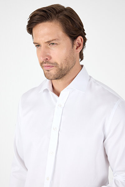 İmza Λευκό μακρυμάνικο ιταλικό πέτο χωρίς τσέπη Non Iron Slim Fit 100% βαμβακερό πουκάμισο 1004250269