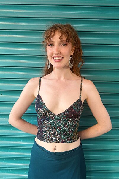 Clandestino Patterned V-Neck Strap Crop Top Turquoise