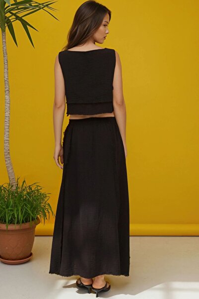 Hiccup Elastic Waist Skirt-Side Tie Detailed Blouse Muslin Suit