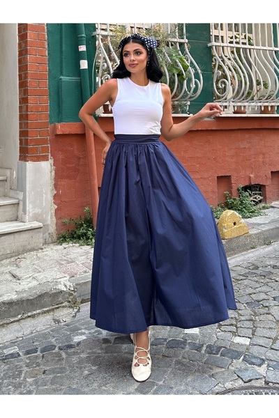 KÜÇÜĞÜM BUTİK Navy Blue Flared Poplin Skirt