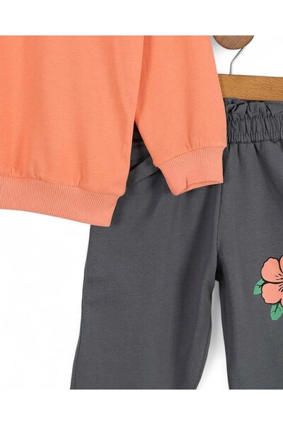 VOY KİDS Girls' Floral Printed 6-7-8-9-10 Years Old Top and Bottom Tracksuit Set / Tracksuit Bottom and Sweatshirt