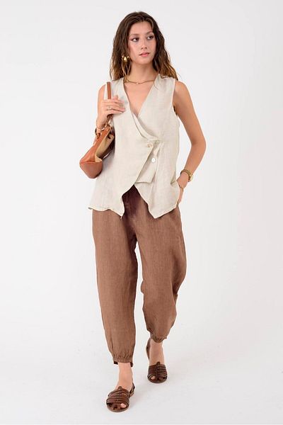 Park Moda 20836 Carrot Linen Pants with Rubber Detail